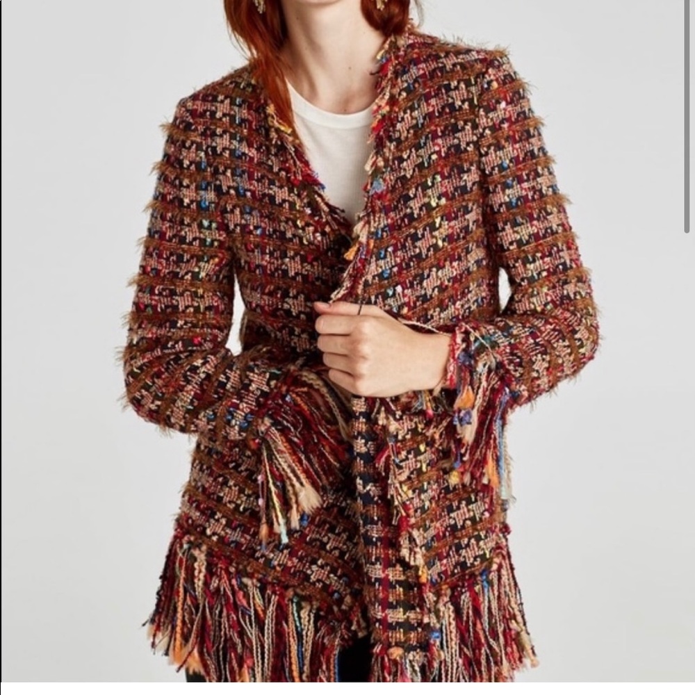 Zara Woman Frayed Tweed multi color Cardigan small